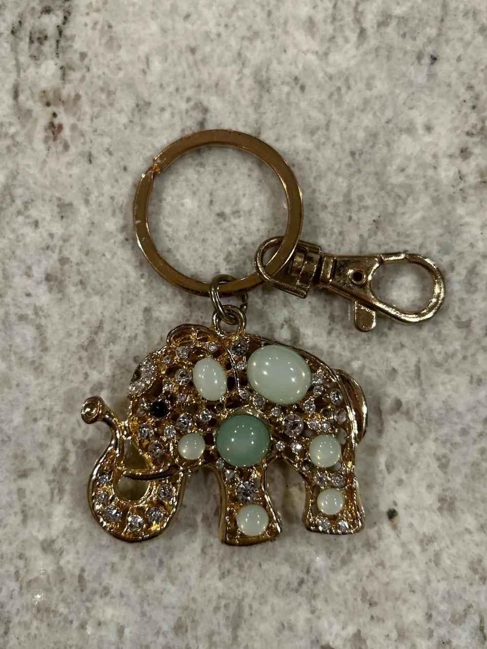 Zales Gold Elephant Key Chain with Mint Green White and Crystal Accents